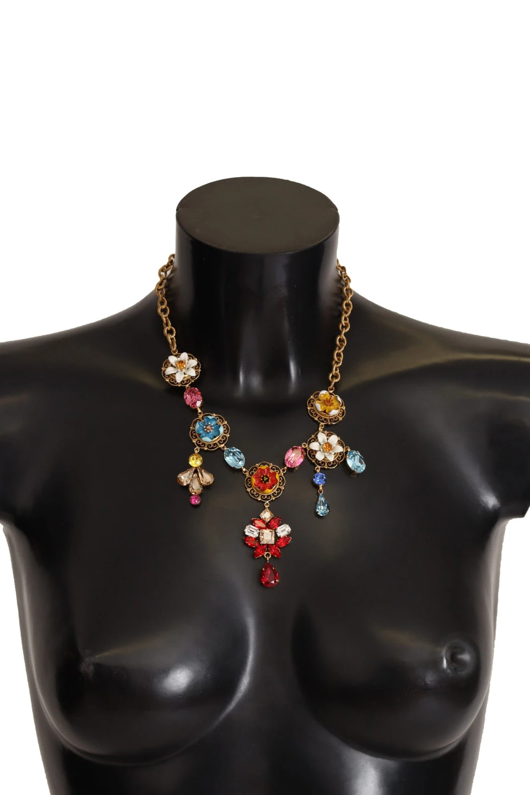 Gold Brass Chain Crystal Floral Pendant Jewelry Necklace