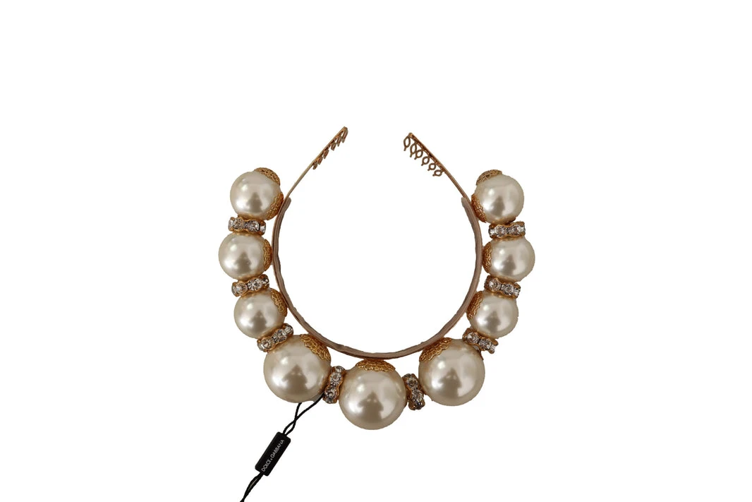Gold Brass Crystal Faux Pearl Crown Logo Tiara Diadem
