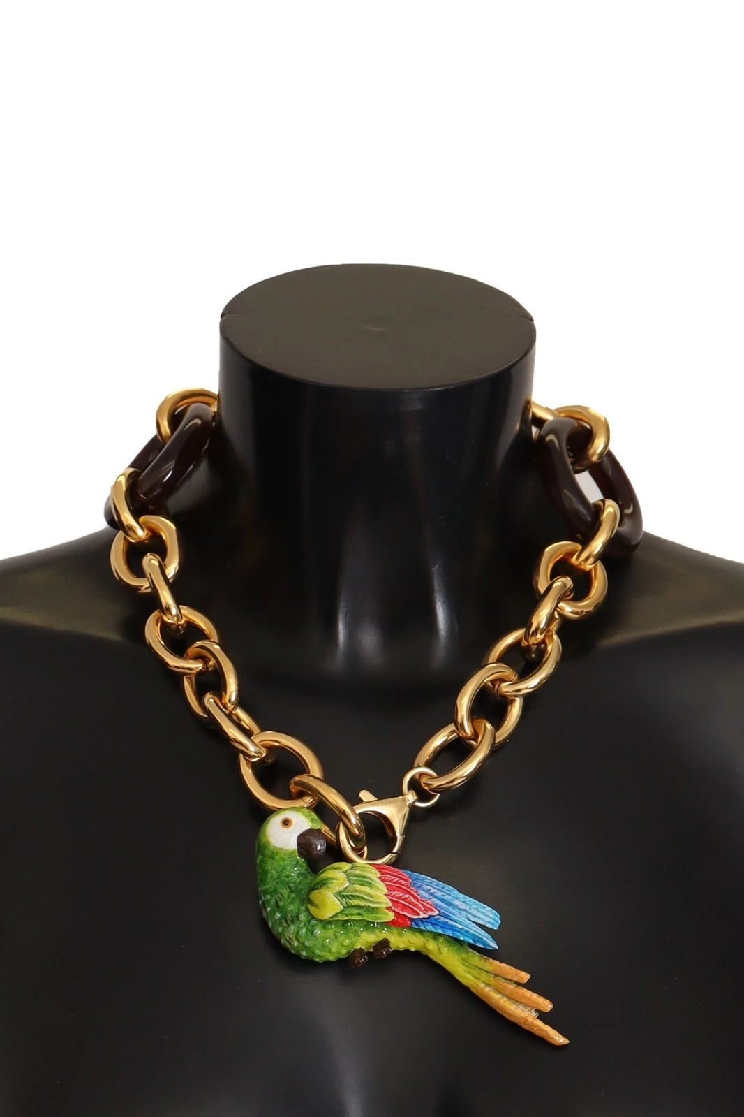 Gold Brass Chain Crystal Pearl PARROT Pendant Necklace
