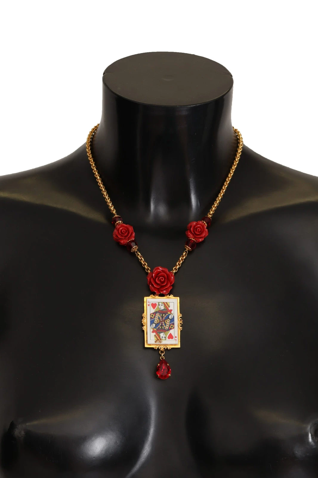 Gold Brass Queen Card Deck Statement Crystal Chain Necklace