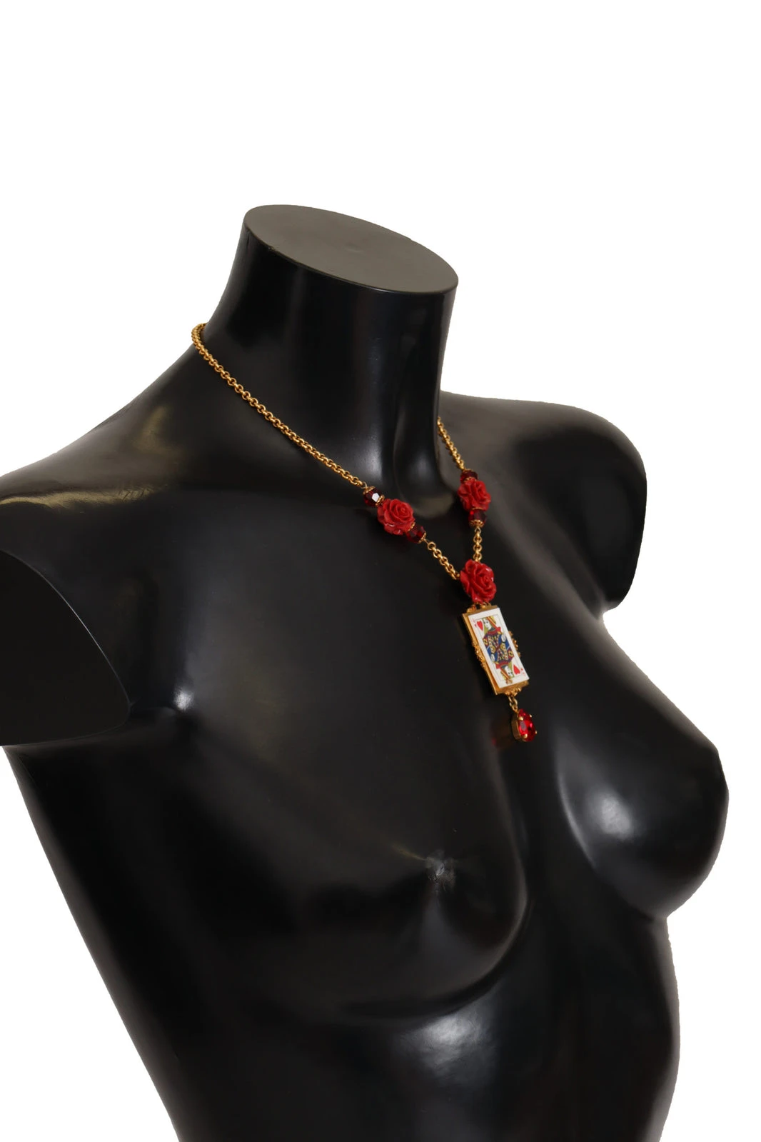Gold Brass Queen Card Deck Statement Crystal Chain Necklace