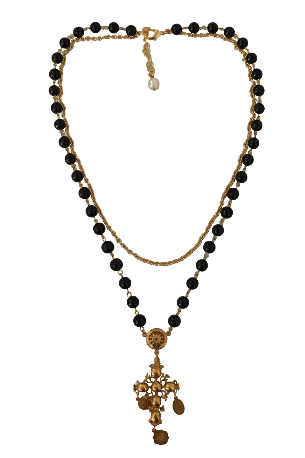 Gold Tone Brass Cross Chain Black Crystal Beaded Necklace