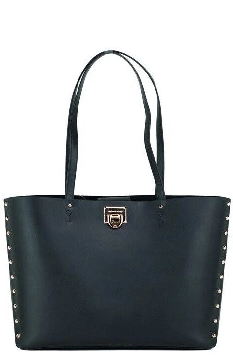 Manhattan Large Black Smooth Leather Studded Shoulder Tote Handbag