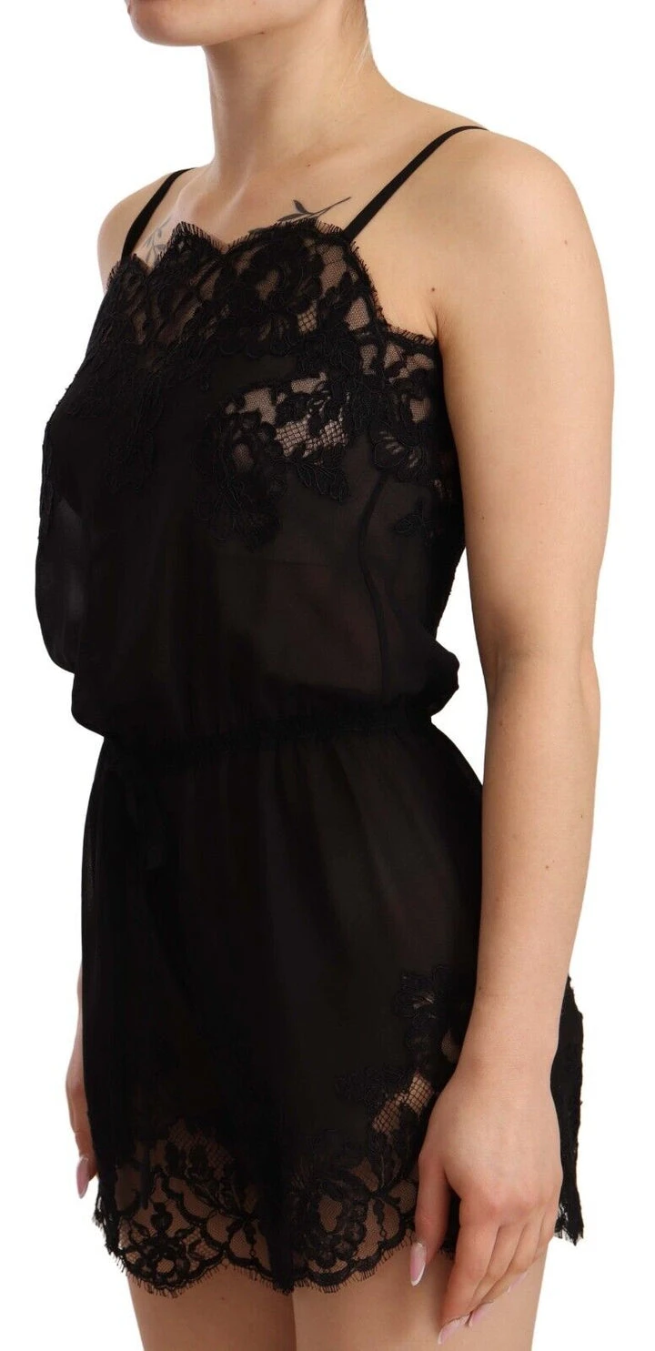 Black Silk Romper Lace Trim Sleepwear Lingerie