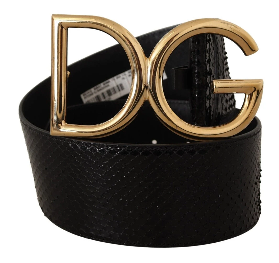 Black Exotic Leather Gold DG Buckle Wide Belt