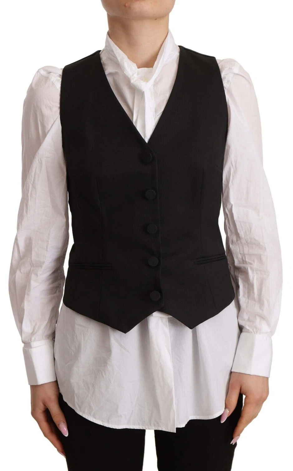 Black Button Down Sleeveless Vest Cotton Top