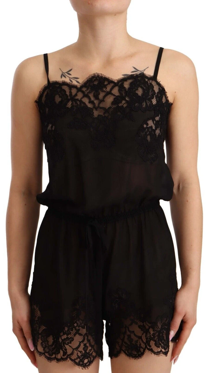 Black Silk Romper Lace Trim Sleepwear Lingerie