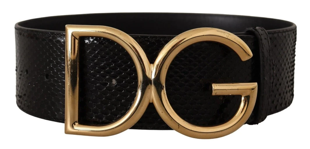 Black Exotic Leather Gold DG Buckle Wide Belt