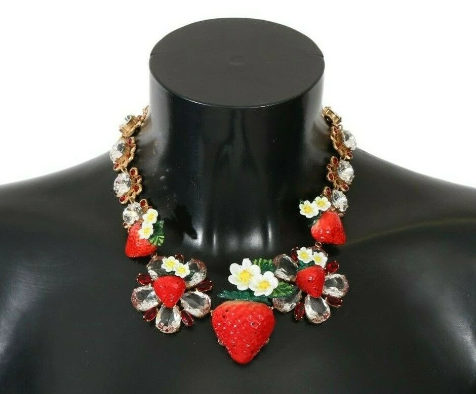 Strawberry Crystal Floral Charm Statement Necklace