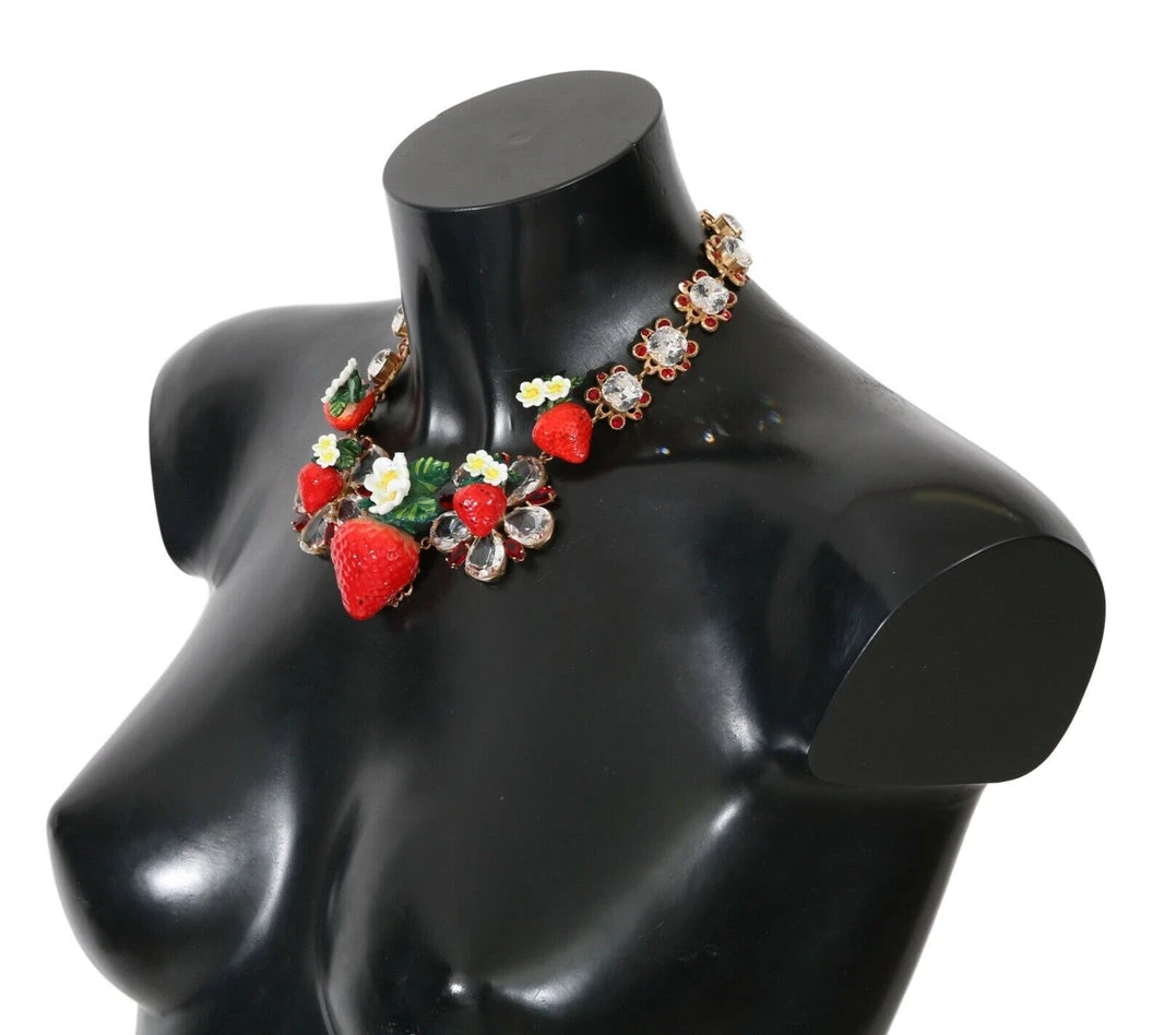Strawberry Crystal Floral Charm Statement Necklace